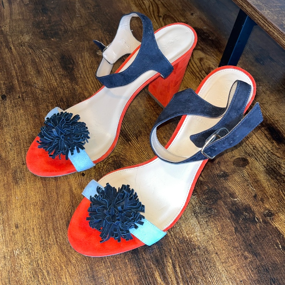 J. Crew Colorblock Sandals With Pom-poms 9.5 Suede Heel